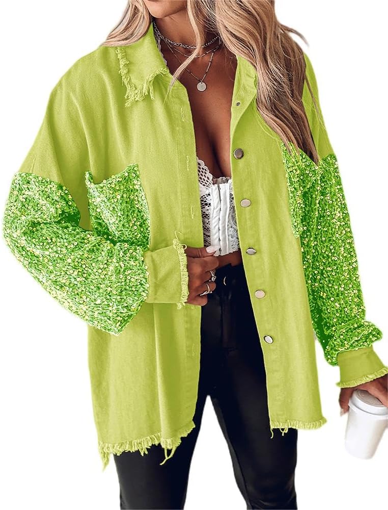 CHICME Womens Denim Jacket 2025 Sequin Patchwork Long Sleeve Jackets Top Button Front Oversized Denim Shacket