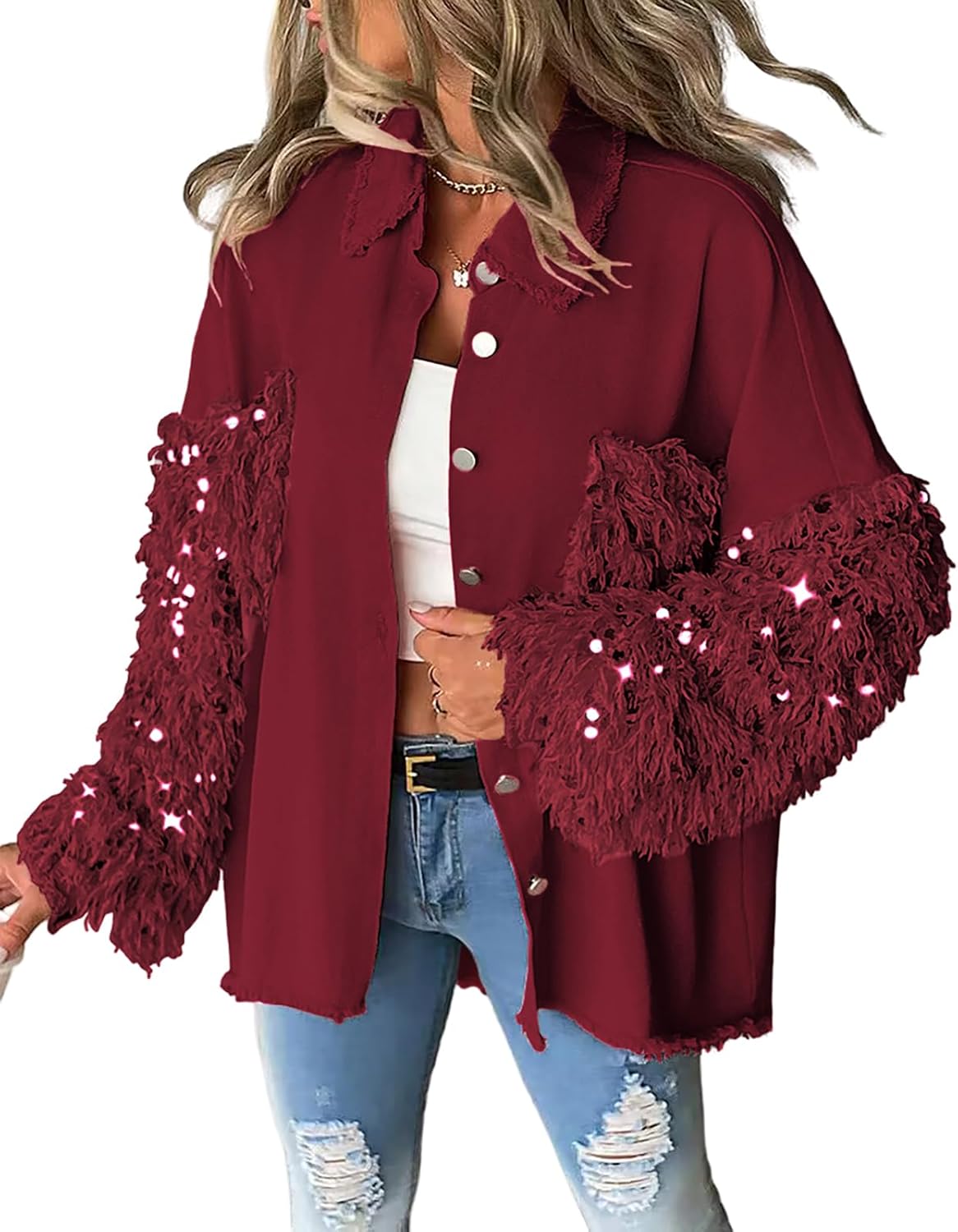 CHICME Womens Denim Jacket 2025 Sequin Patchwork Long Sleeve Jackets Top Button Front Oversized Denim Shacket