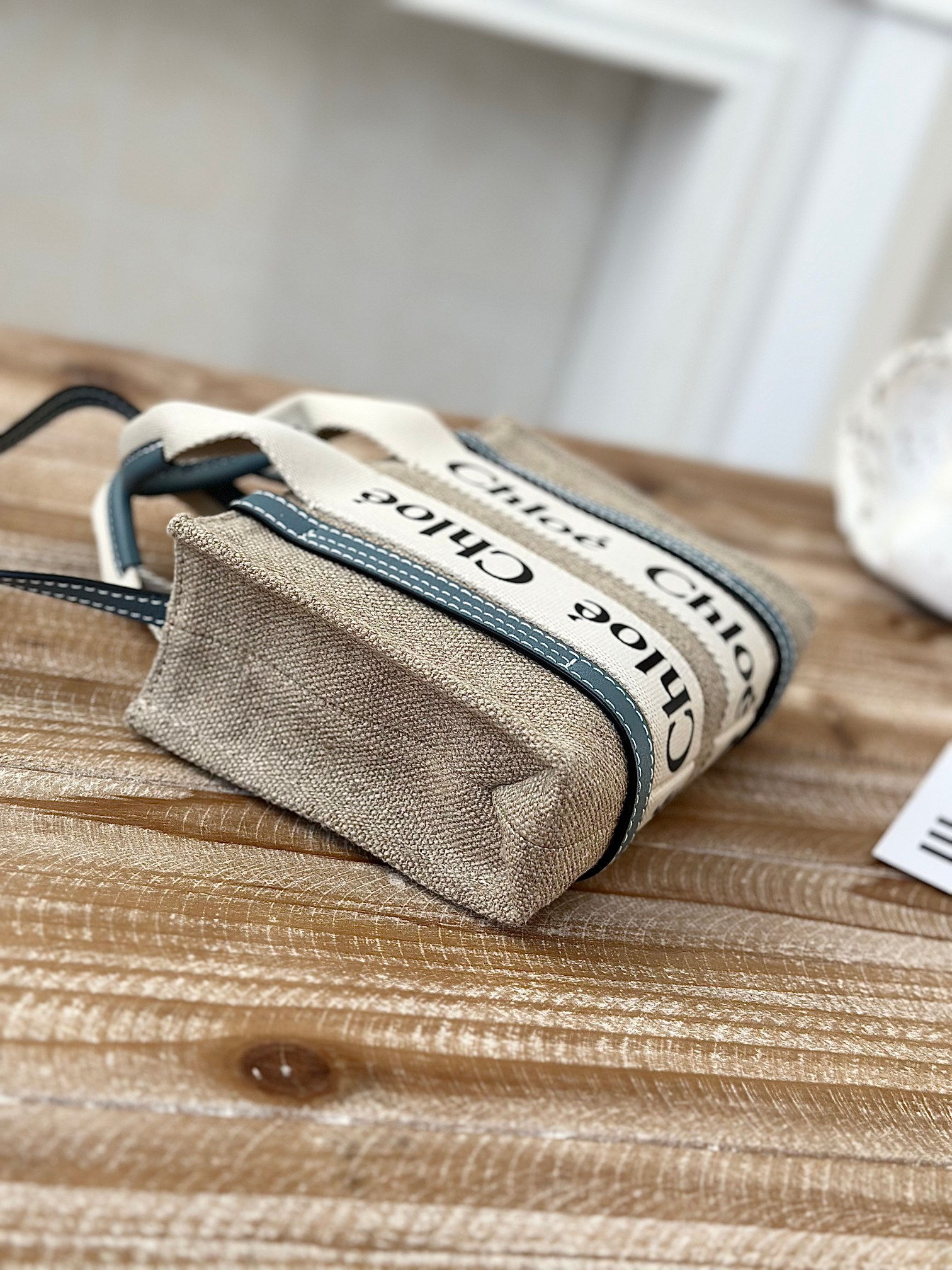 Chloé Blue Woody Mini Tote Bag in Linen Canvas & Calfskin