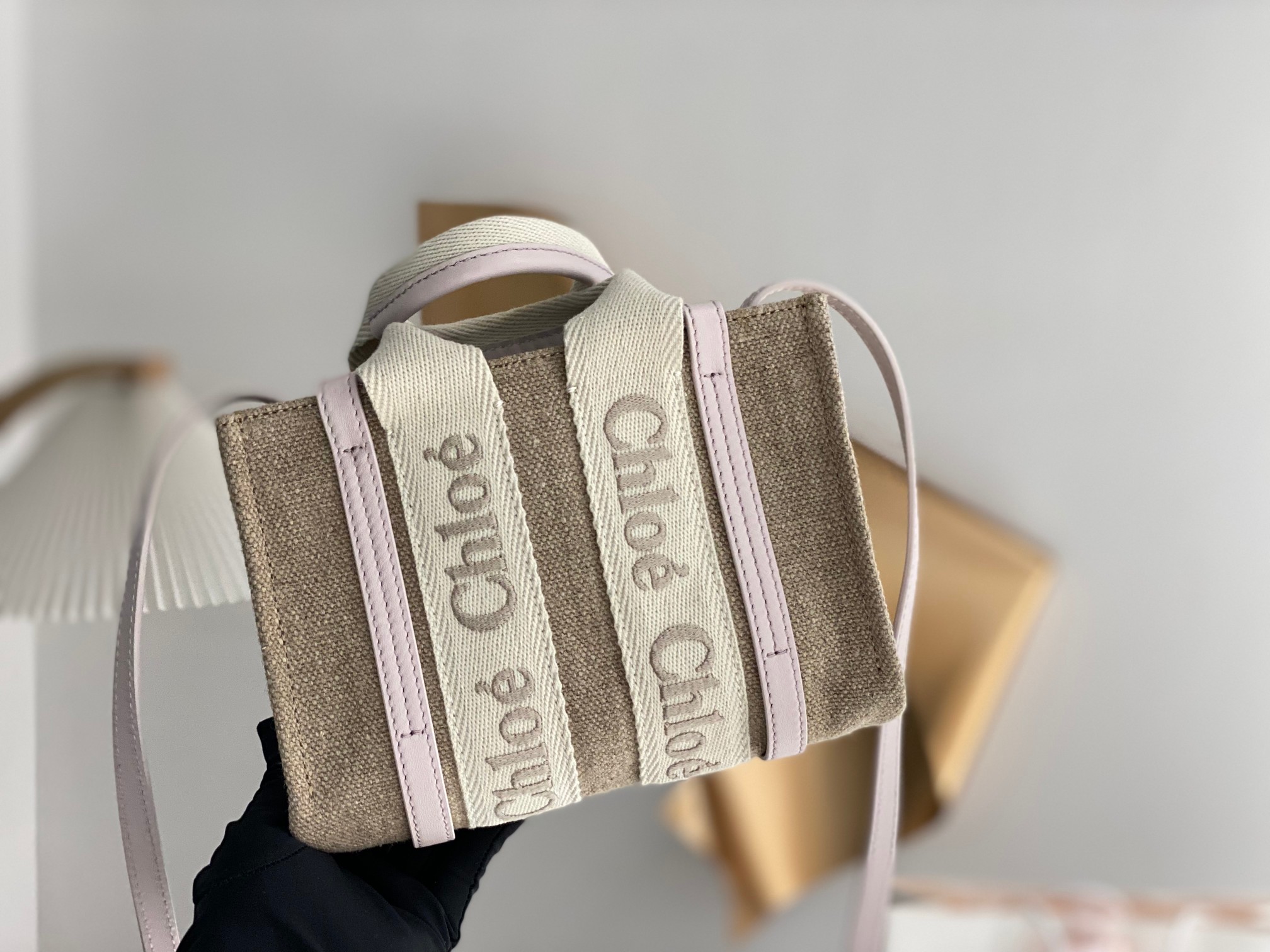 Chloé Chloé Mini Woody Tote Bag In Linen & Leather in Boyish bro