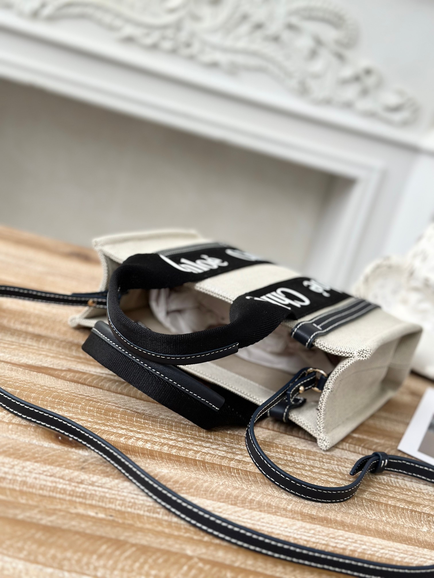 CHLOE Cotton Calfskin Small Woody Ribbon Tote With Strap