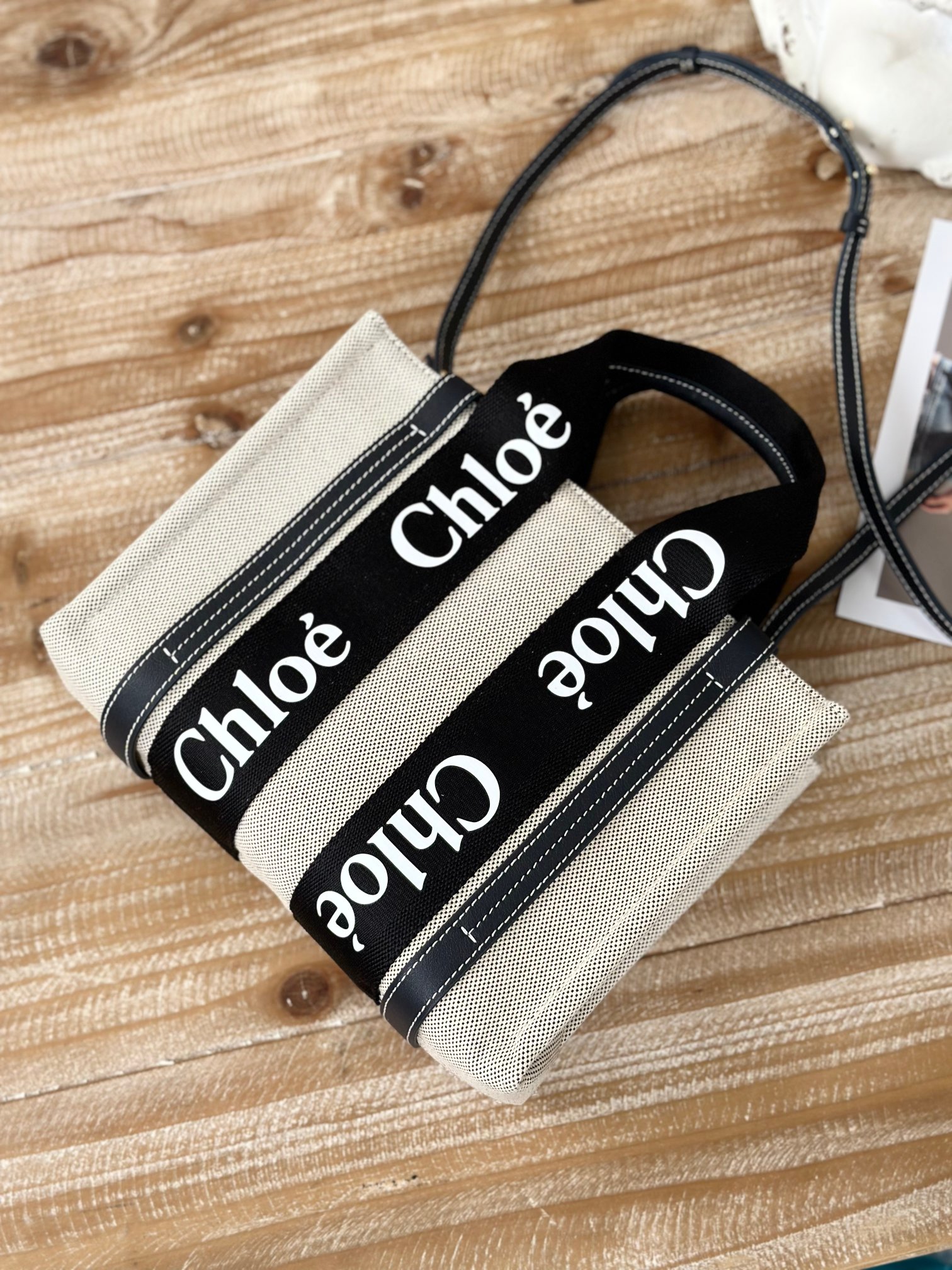 CHLOE Cotton Calfskin Small Woody Ribbon Tote With Strap