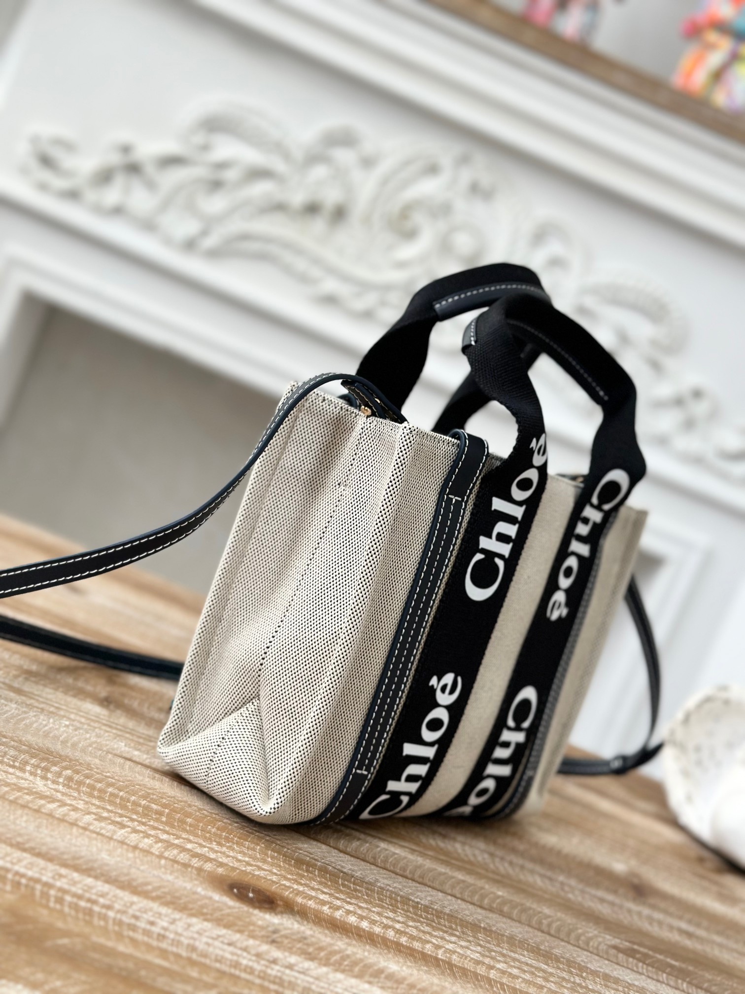 CHLOE Cotton Calfskin Small Woody Ribbon Tote With Strap