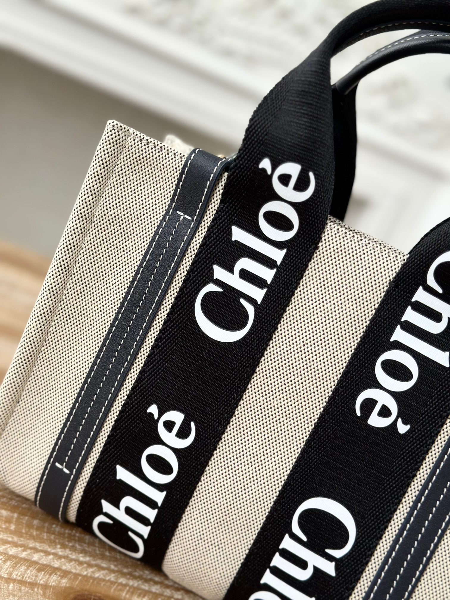 CHLOE Cotton Calfskin Small Woody Ribbon Tote With Strap