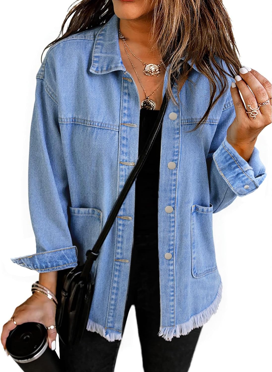 Choichic Women’s Oversized Denim Jean Jacket Coat Frayed Hem Button Down Western Shacket With Pockets Fall Outfits