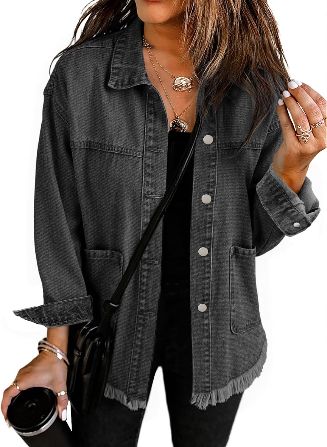 Choichic Women’s Oversized Denim Jean Jacket Coat Frayed Hem Button Down Western Shacket With Pockets Fall Outfits