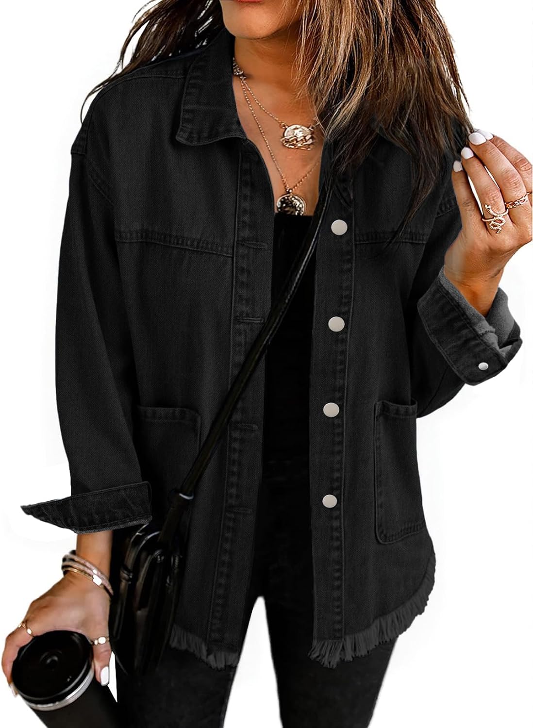Choichic Women’s Oversized Denim Jean Jacket Coat Frayed Hem Button Down Western Shacket With Pockets Fall Outfits