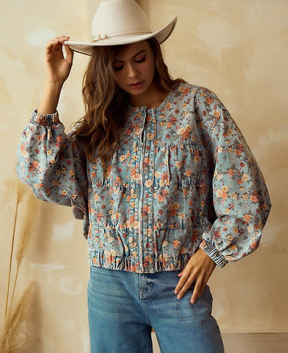 chouyatou Women’s 2025 Fall Boyfriend Floral Denim Jacket Spring Y2K Casual Oversized Jean Bomber Jacket