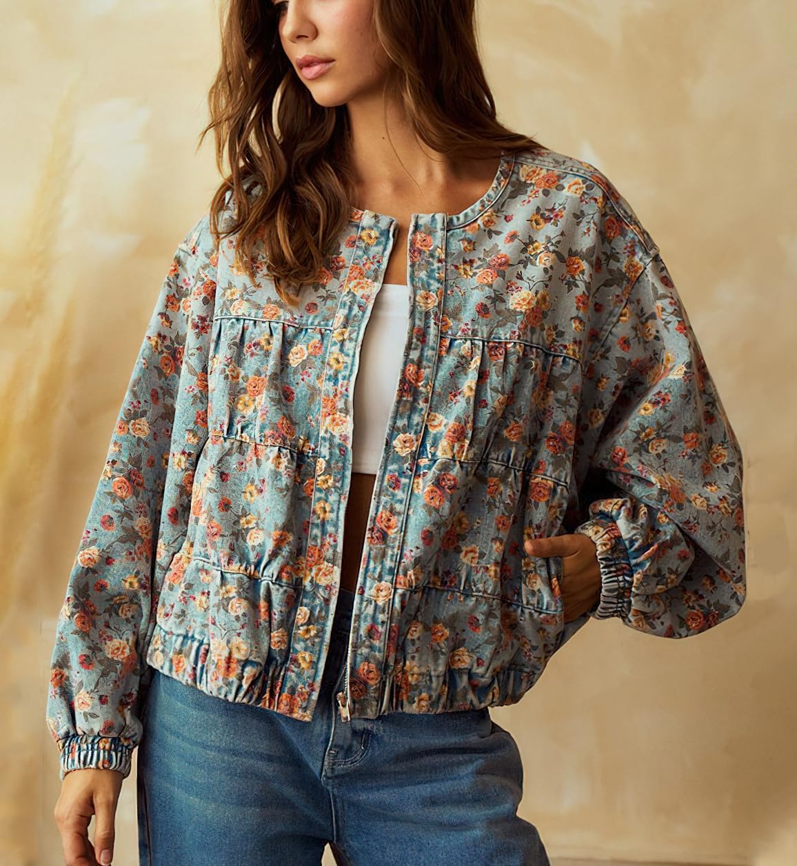 chouyatou Women’s 2025 Fall Boyfriend Floral Denim Jacket Spring Y2K Casual Oversized Jean Bomber Jacket