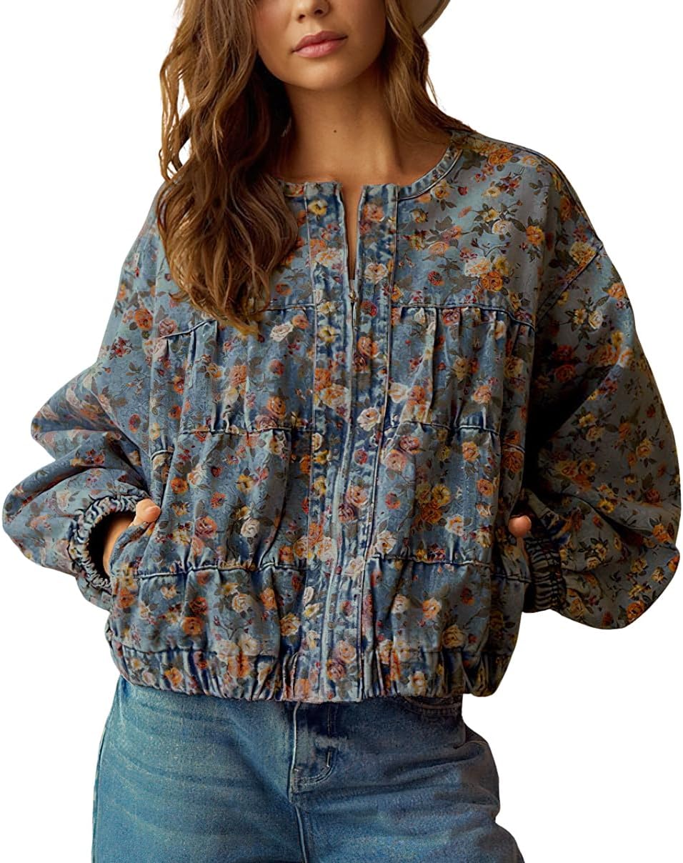 chouyatou Women’s 2025 Fall Boyfriend Floral Denim Jacket Spring Y2K Casual Oversized Jean Bomber Jacket