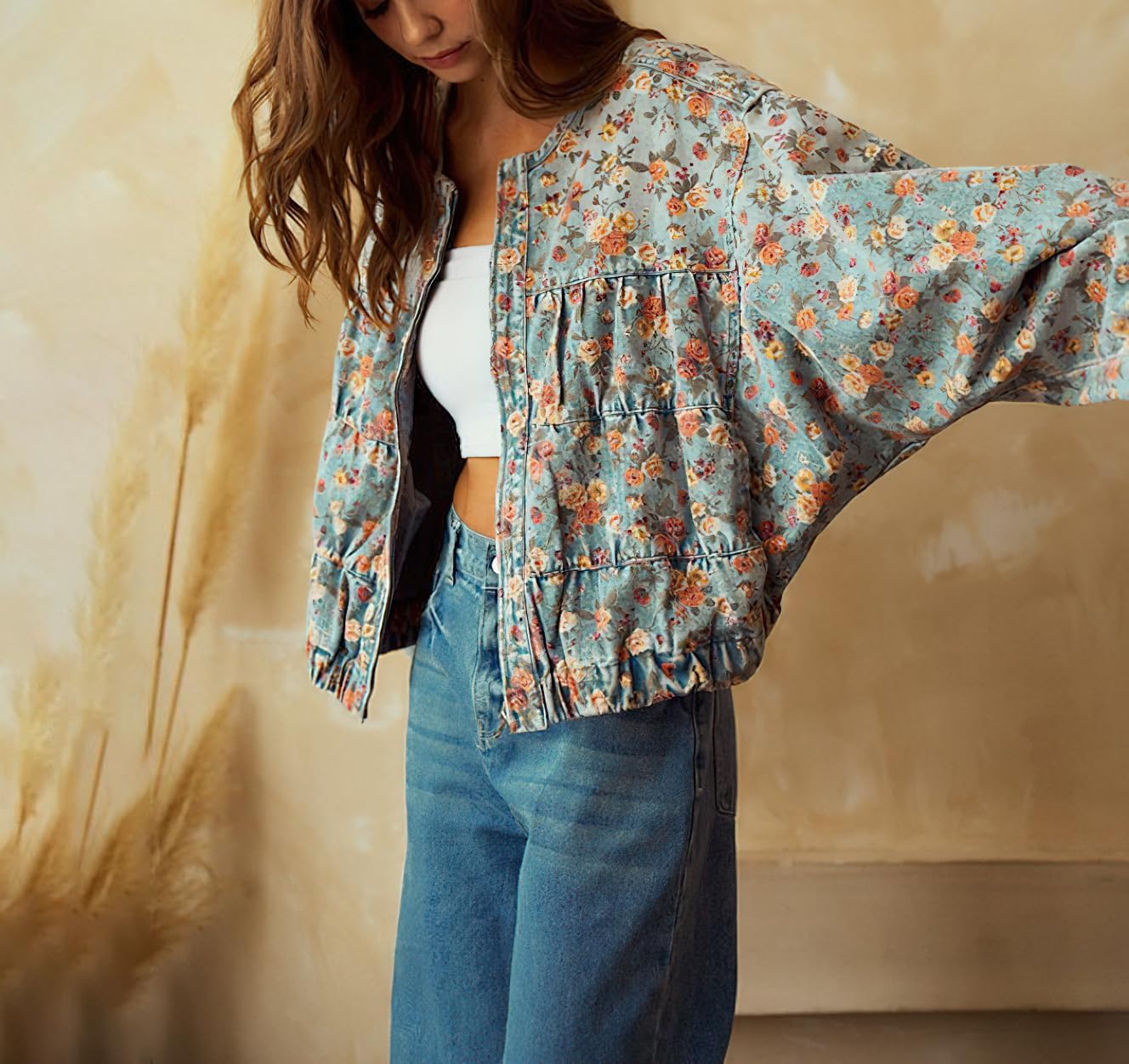 chouyatou Women’s 2025 Fall Boyfriend Floral Denim Jacket Spring Y2K Casual Oversized Jean Bomber Jacket