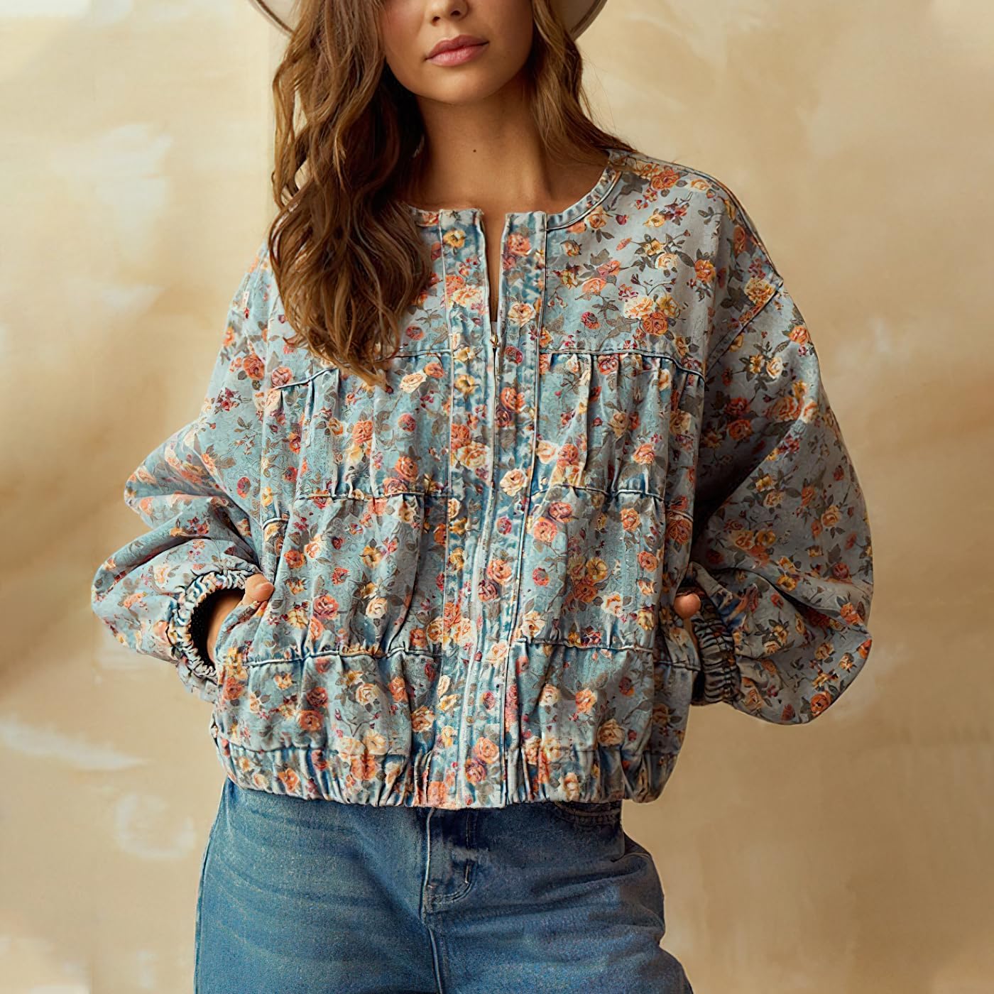 chouyatou Women’s 2025 Fall Boyfriend Floral Denim Jacket Spring Y2K Casual Oversized Jean Bomber Jacket