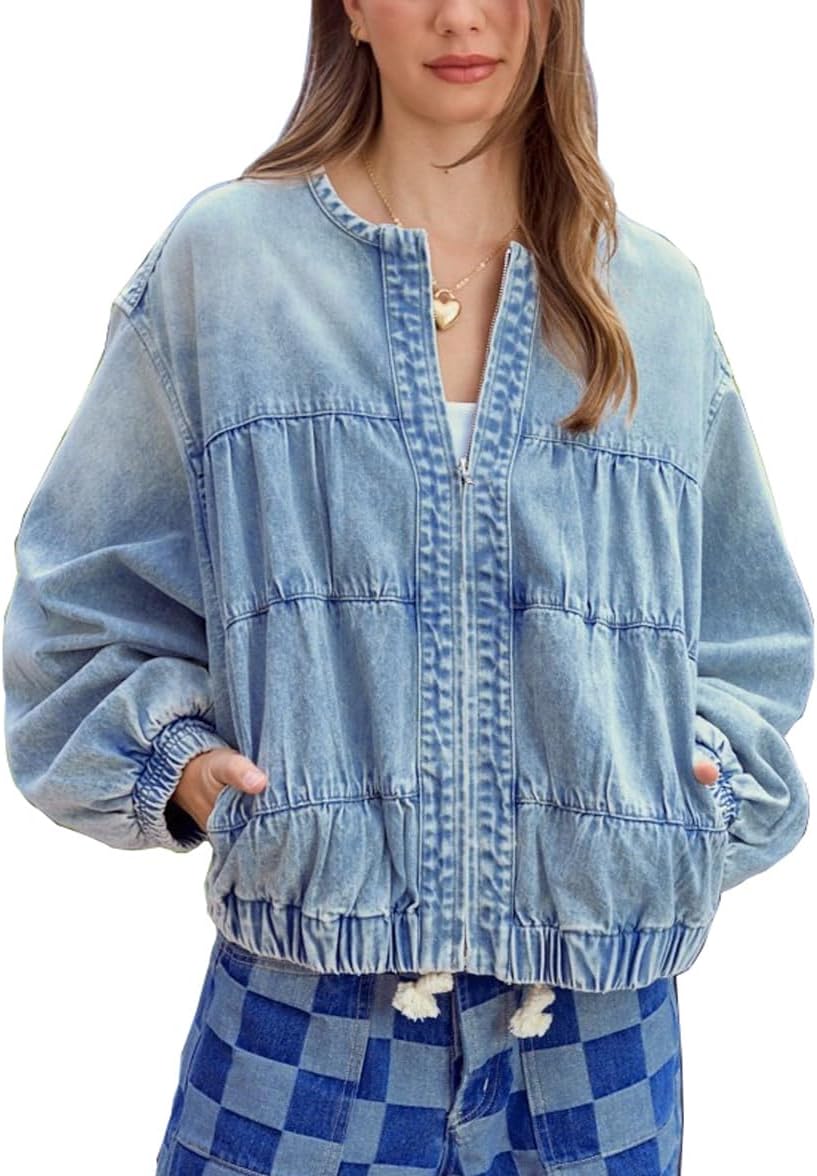 chouyatou Women’s 2025 Fall Boyfriend Floral Denim Jacket Spring Y2K Casual Oversized Jean Bomber Jacket
