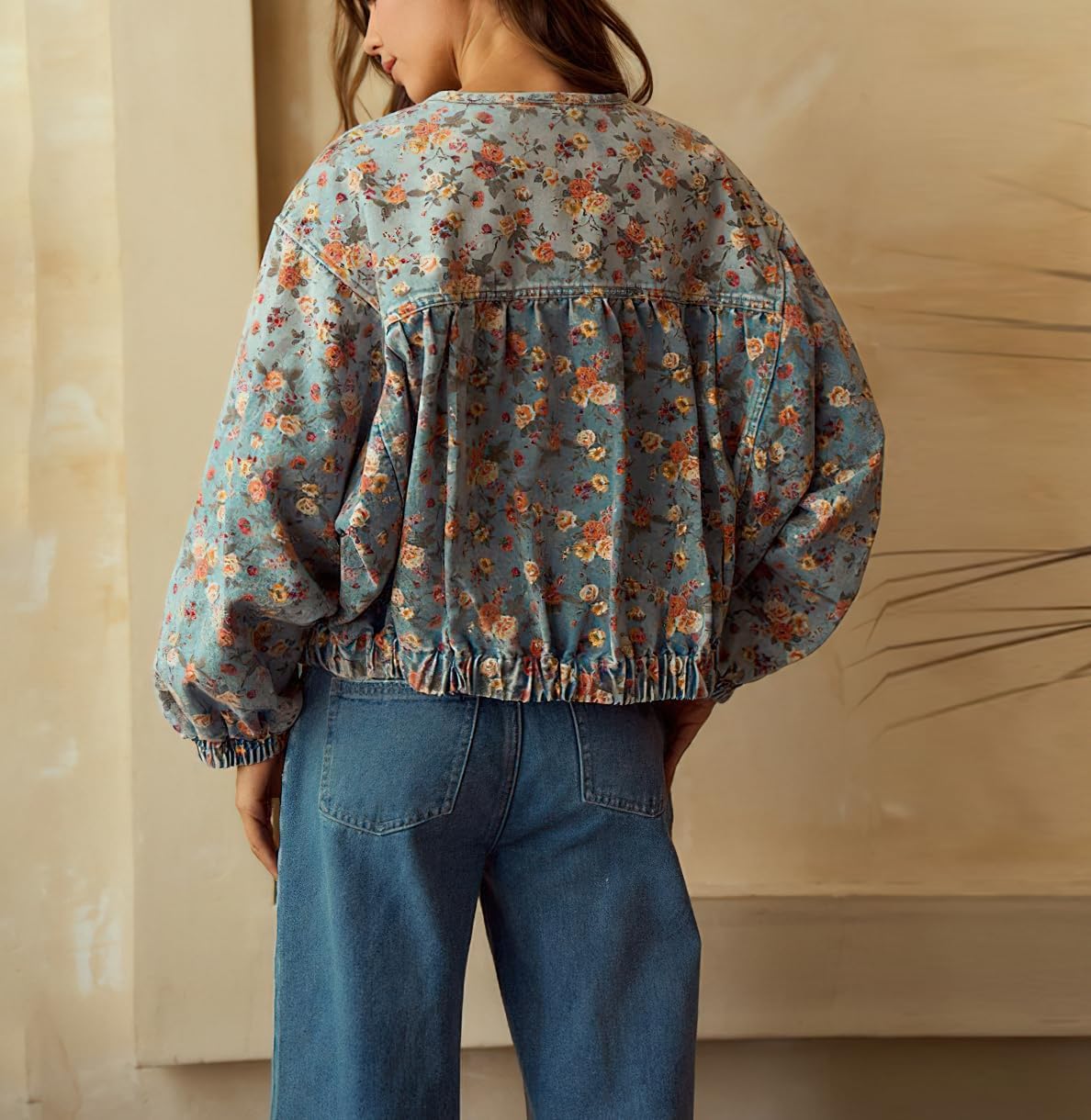 chouyatou Women’s 2025 Fall Boyfriend Floral Denim Jacket Spring Y2K Casual Oversized Jean Bomber Jacket