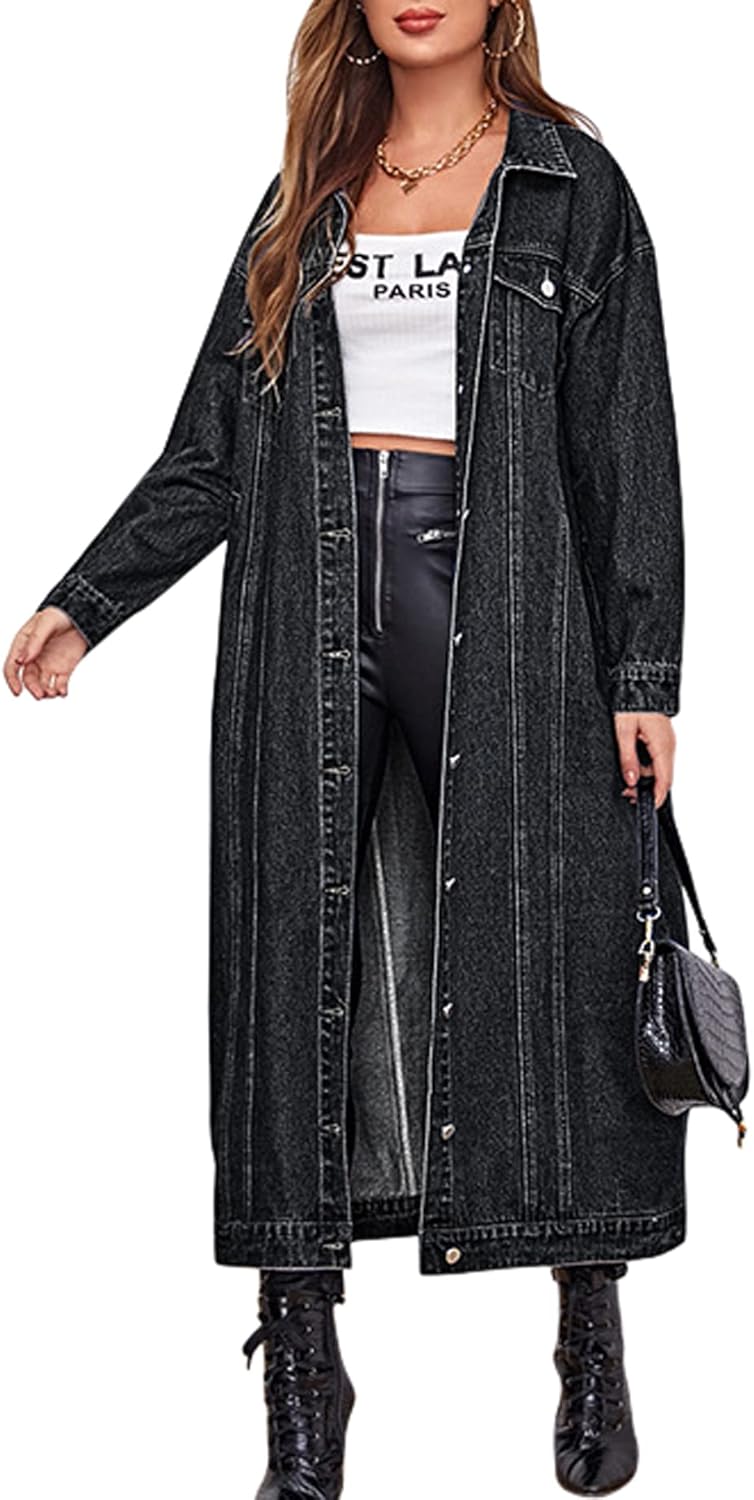 chouyatou Women’s Fashion Spring Button Down Midi Long Denim Jean Jacket Trench Coat