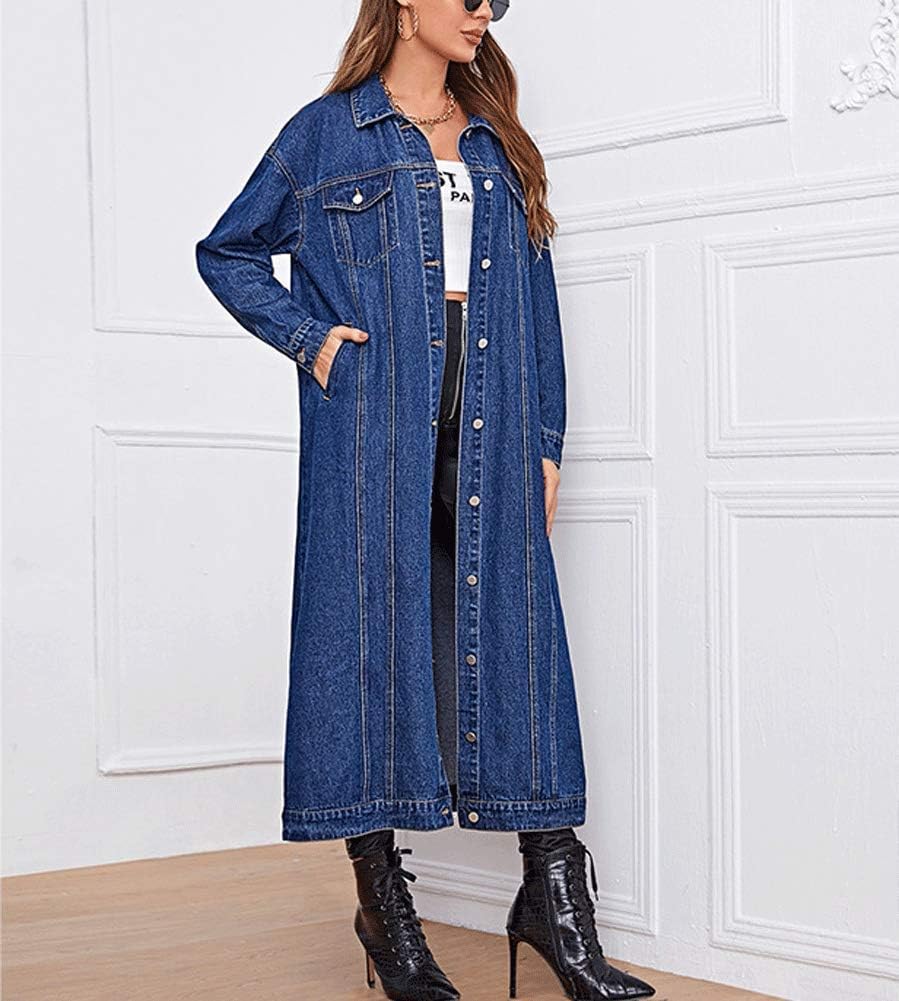 chouyatou Women’s Fashion Spring Button Down Midi Long Denim Jean Jacket Trench Coat