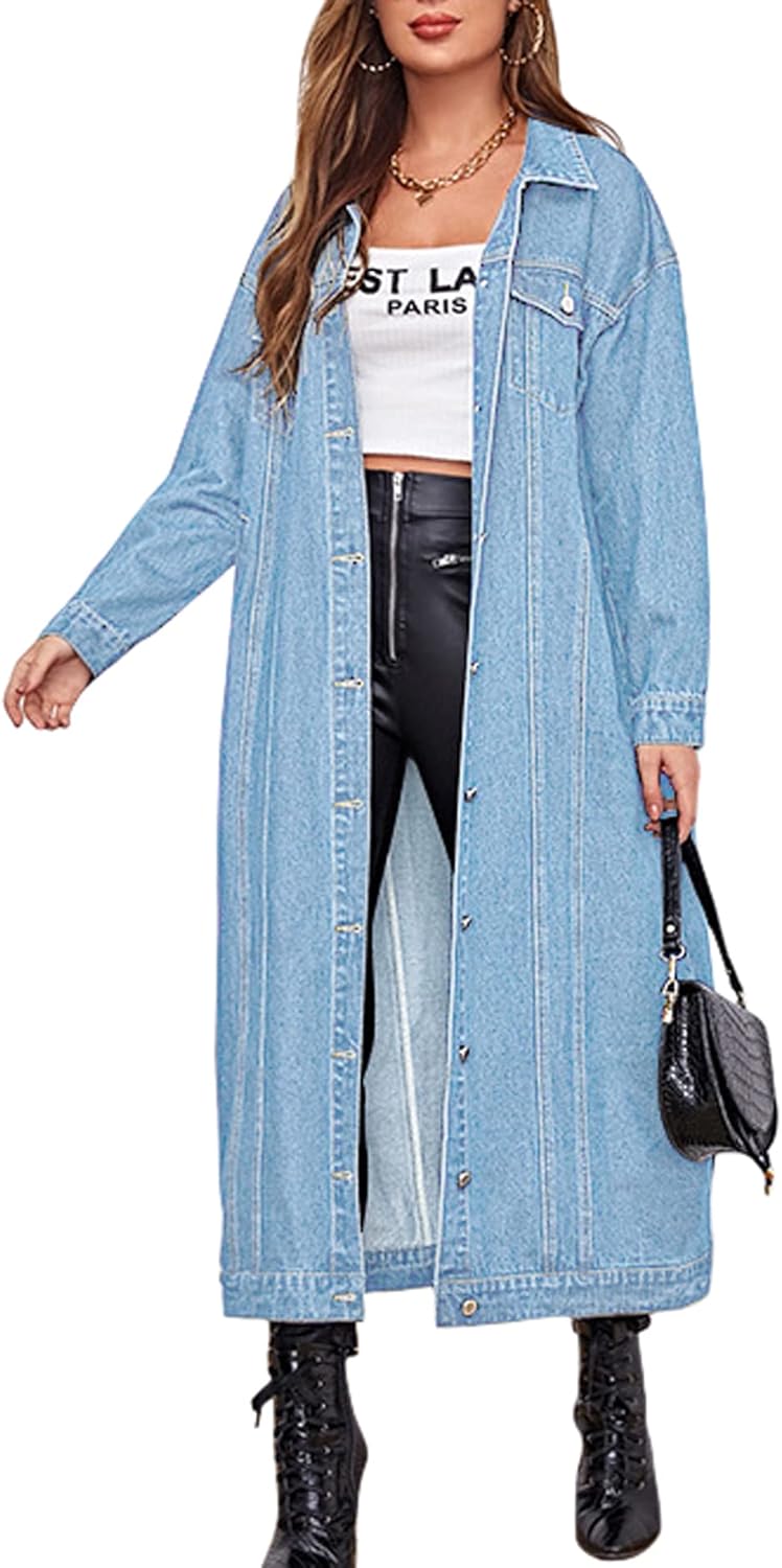 chouyatou Women’s Fashion Spring Button Down Midi Long Denim Jean Jacket Trench Coat
