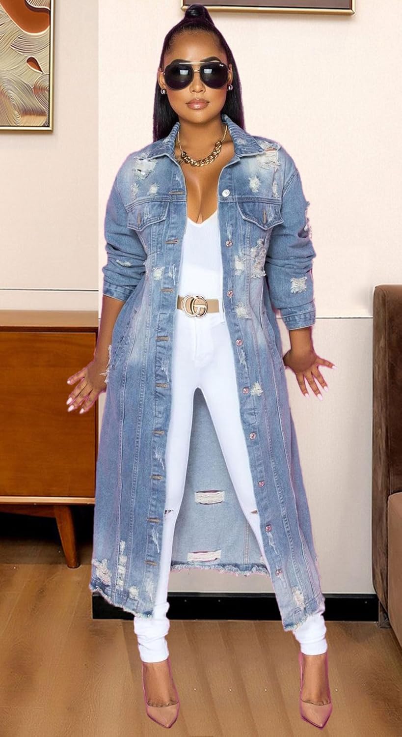 chouyatou Women’s Spring Fashion Ripped Holes Maxi Long Denim Jacket Trench Coat