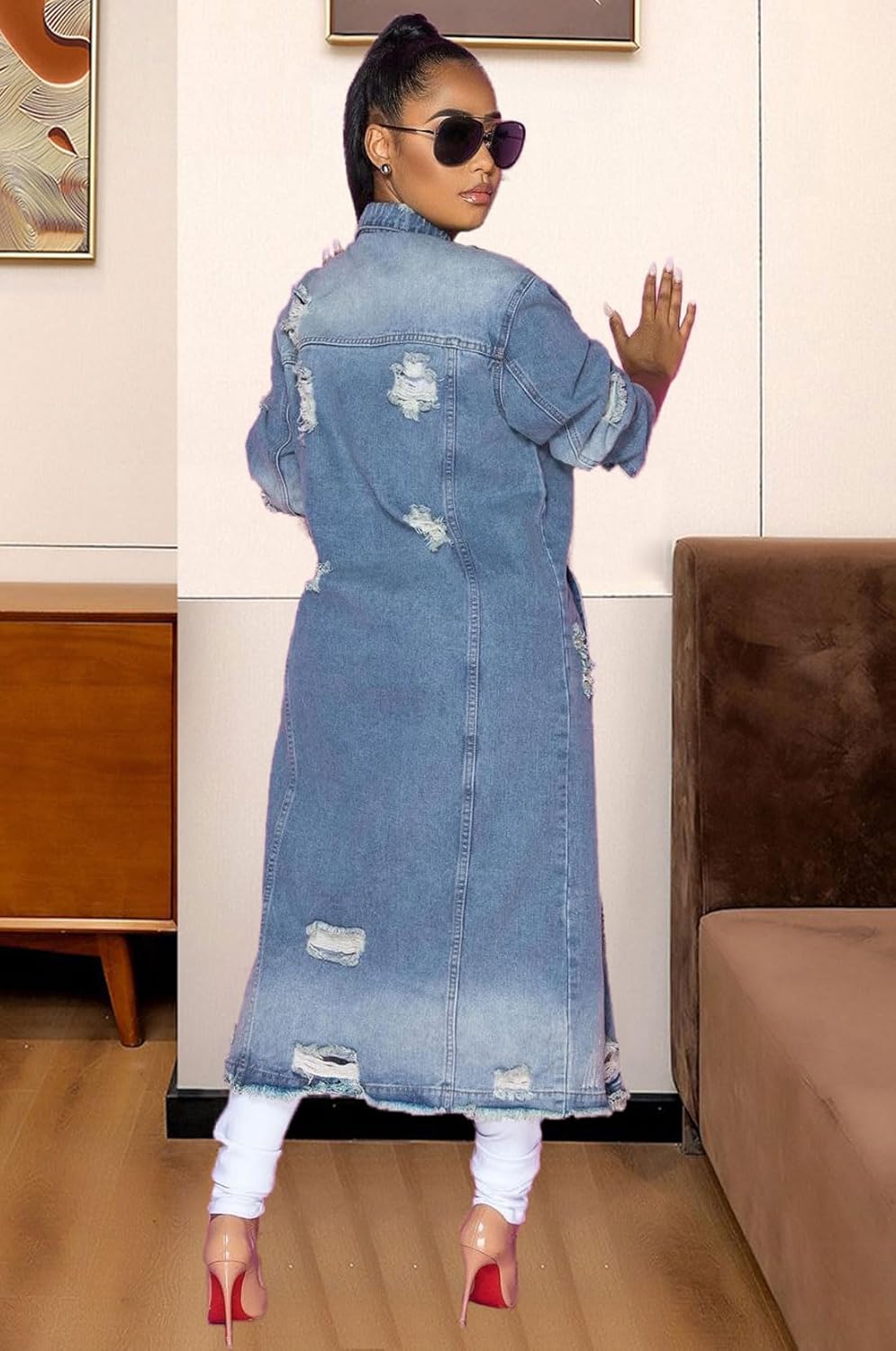 chouyatou Women’s Spring Fashion Ripped Holes Maxi Long Denim Jacket Trench Coat