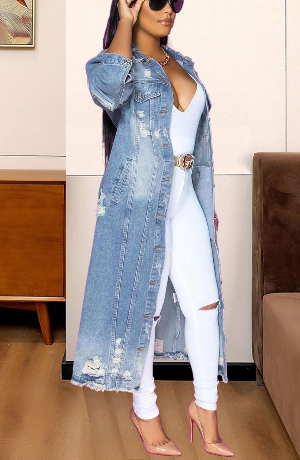 chouyatou Women’s Spring Fashion Ripped Holes Maxi Long Denim Jacket Trench Coat