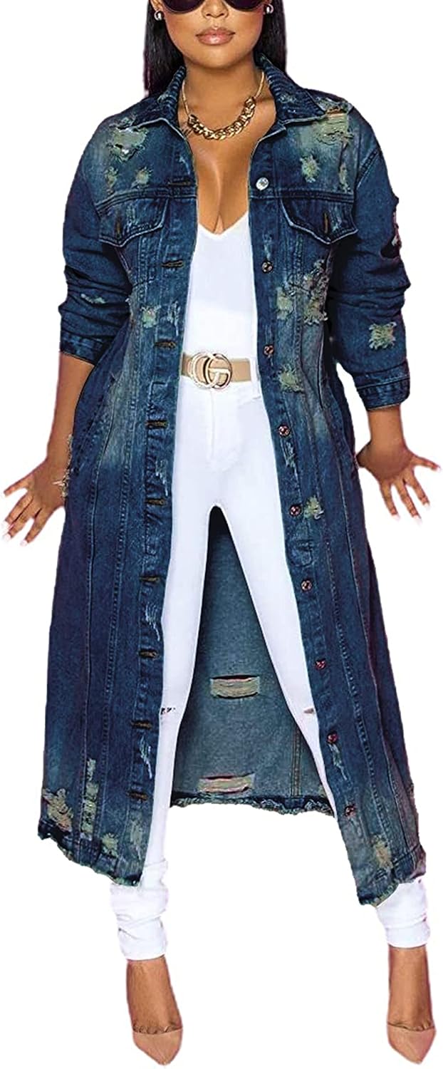 chouyatou Women’s Spring Fashion Ripped Holes Maxi Long Denim Jacket Trench Coat