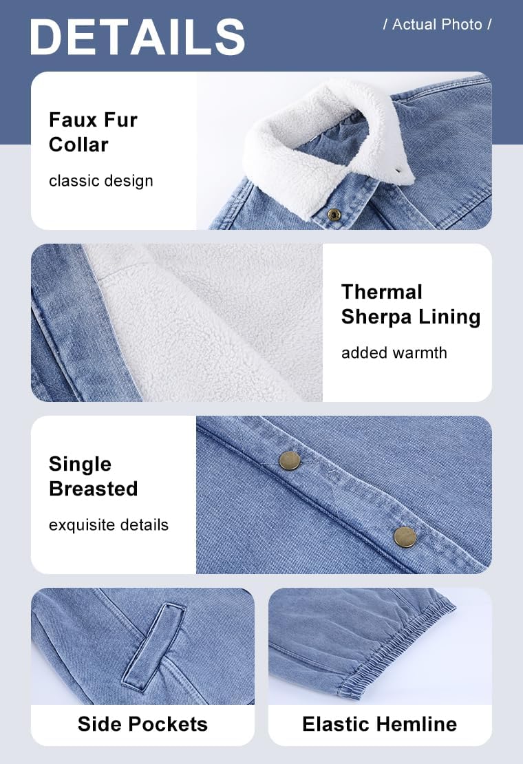 chouyatou Women’s Warm Sherpa Collar Denim Jacket Faux Fur Collar Denim Coat Trucker Jacket