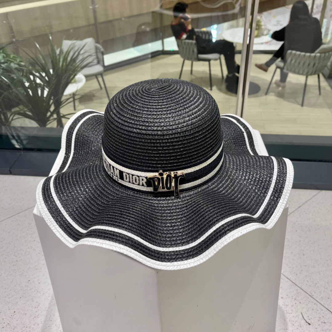 Dior Black Straw Hat - Dior Black Straw Wide Brim Hat - White Trim