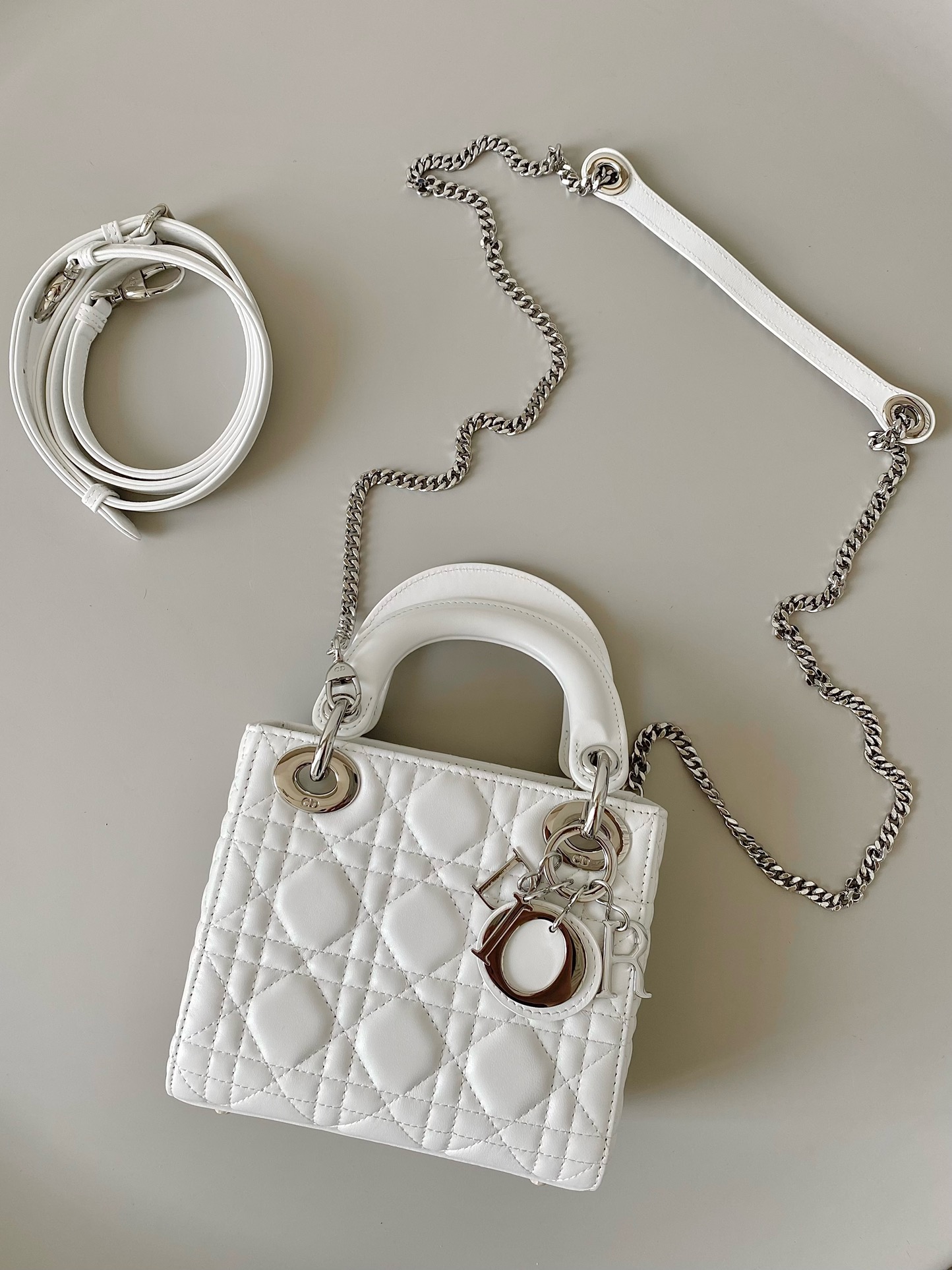 Christian Dior Dior Lady Dior White Lether Mini Handle Bag Leather