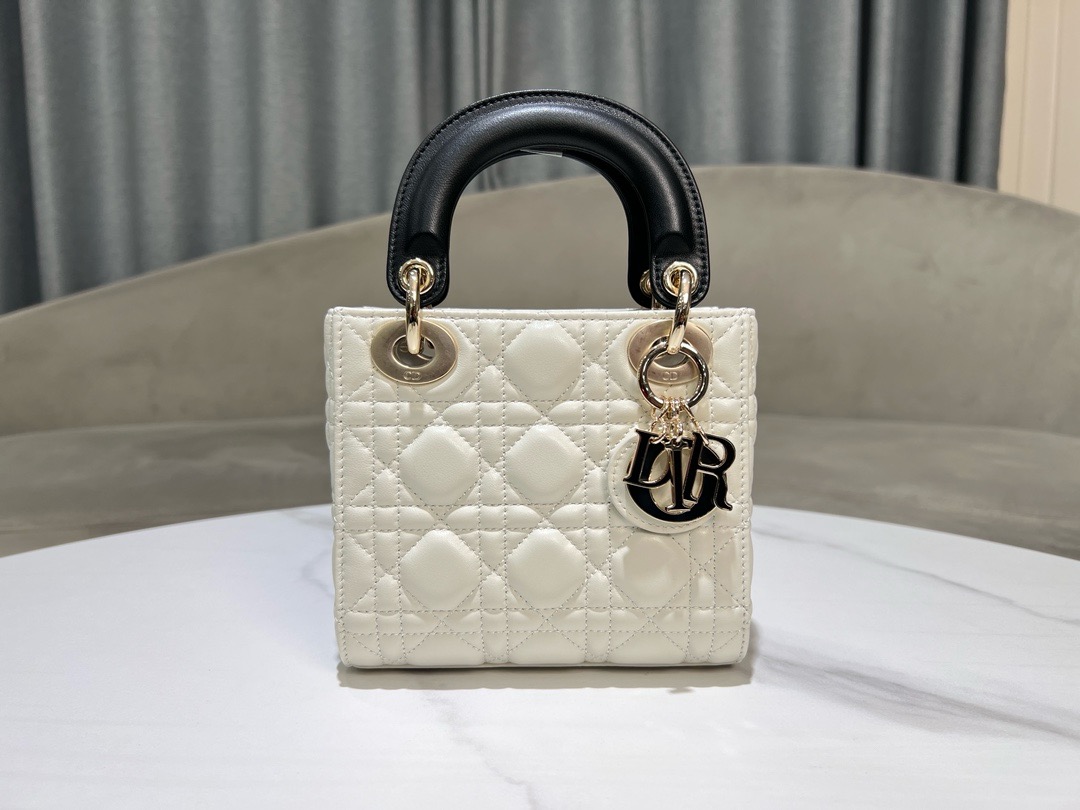 CHRISTIAN DIOR Lambskin Cannage Mini Lady Dior White
