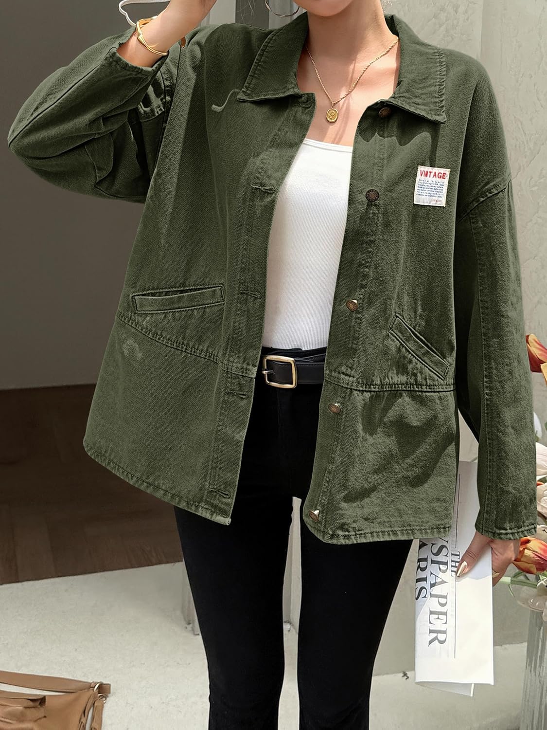 Cicy Bell Womens Oversized Denim Jackets Boyfriends Button Down Utility Jean Jackets Vintage Y2k Fall Coat