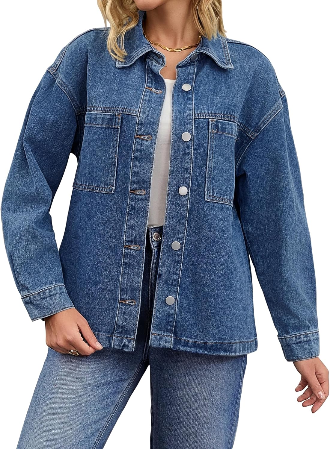 CIMUK Womens Denim Jacket Casual Long Sleeve Patch Pocket Boyfriend Oversized Jean Jackets