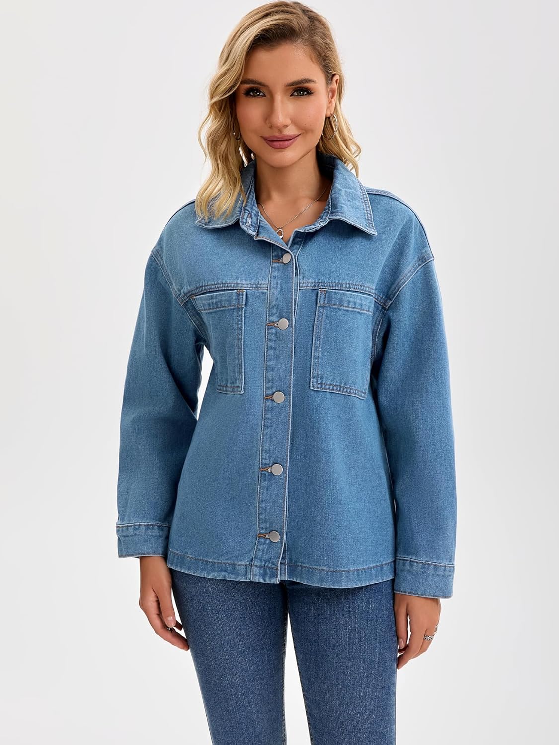 CIMUK Womens Denim Jacket Casual Long Sleeve Patch Pocket Boyfriend Oversized Jean Jackets