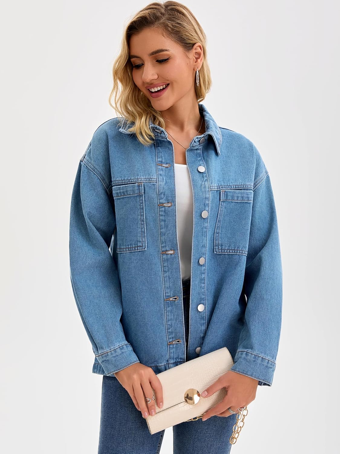 CIMUK Womens Denim Jacket Casual Long Sleeve Patch Pocket Boyfriend Oversized Jean Jackets