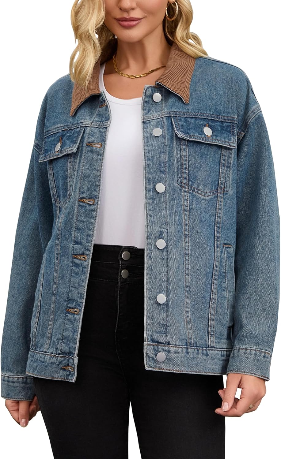 CIMUK Women’s Jean Jacket Button Down Corduroy Collar Long Sleeve Western Shacket Denim Jackets