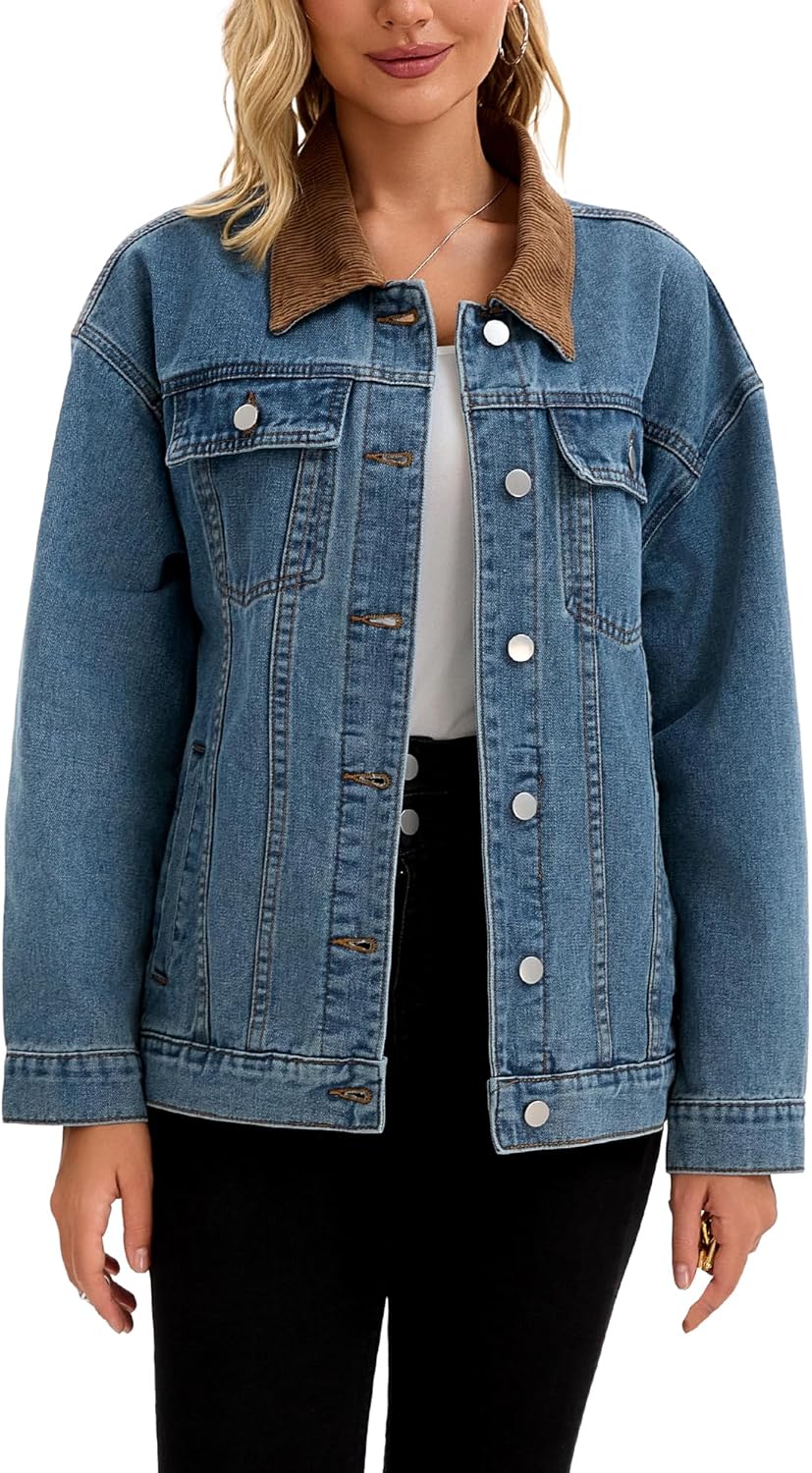 CIMUK Women’s Jean Jacket Button Down Corduroy Collar Long Sleeve Western Shacket Denim Jackets