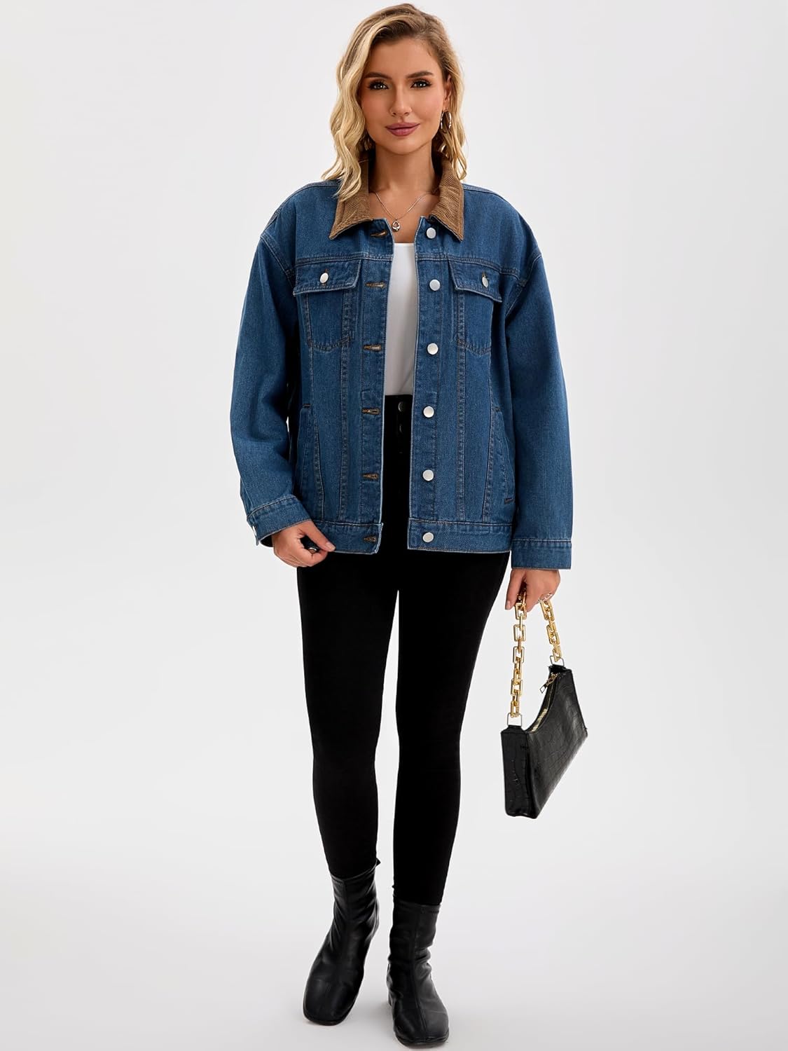 CIMUK Women’s Jean Jacket Button Down Corduroy Collar Long Sleeve Western Shacket Denim Jackets