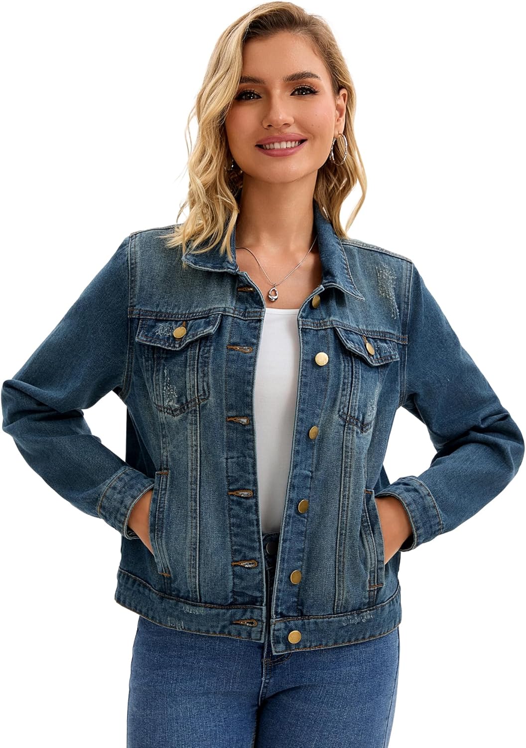 CIMUK Women’s Washed Denim Jacket Vintage Casual Long Sleeve Distressed Jean Jackets for Fall