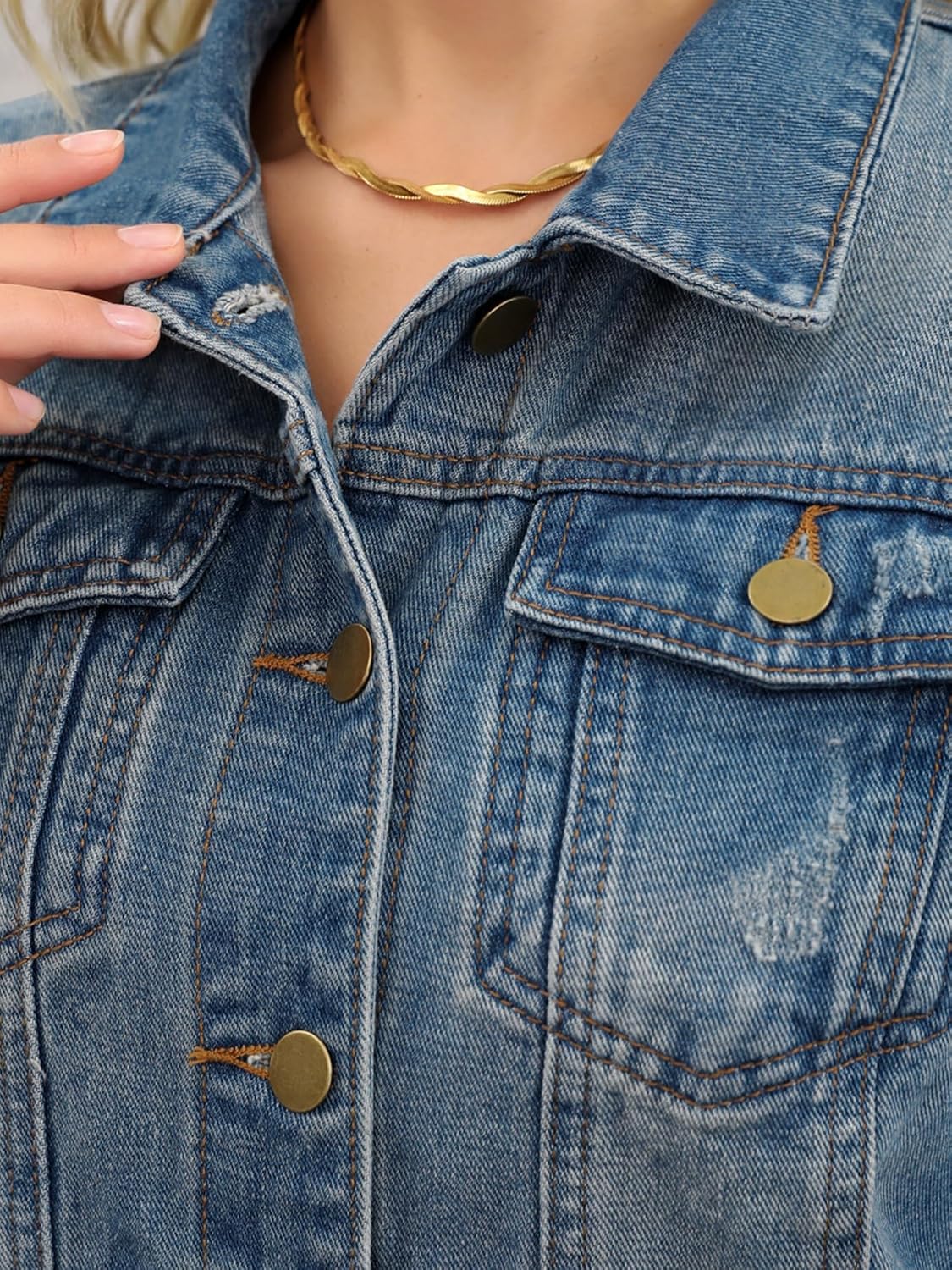 CIMUK Women’s Washed Denim Jacket Vintage Casual Long Sleeve Distressed Jean Jackets for Fall