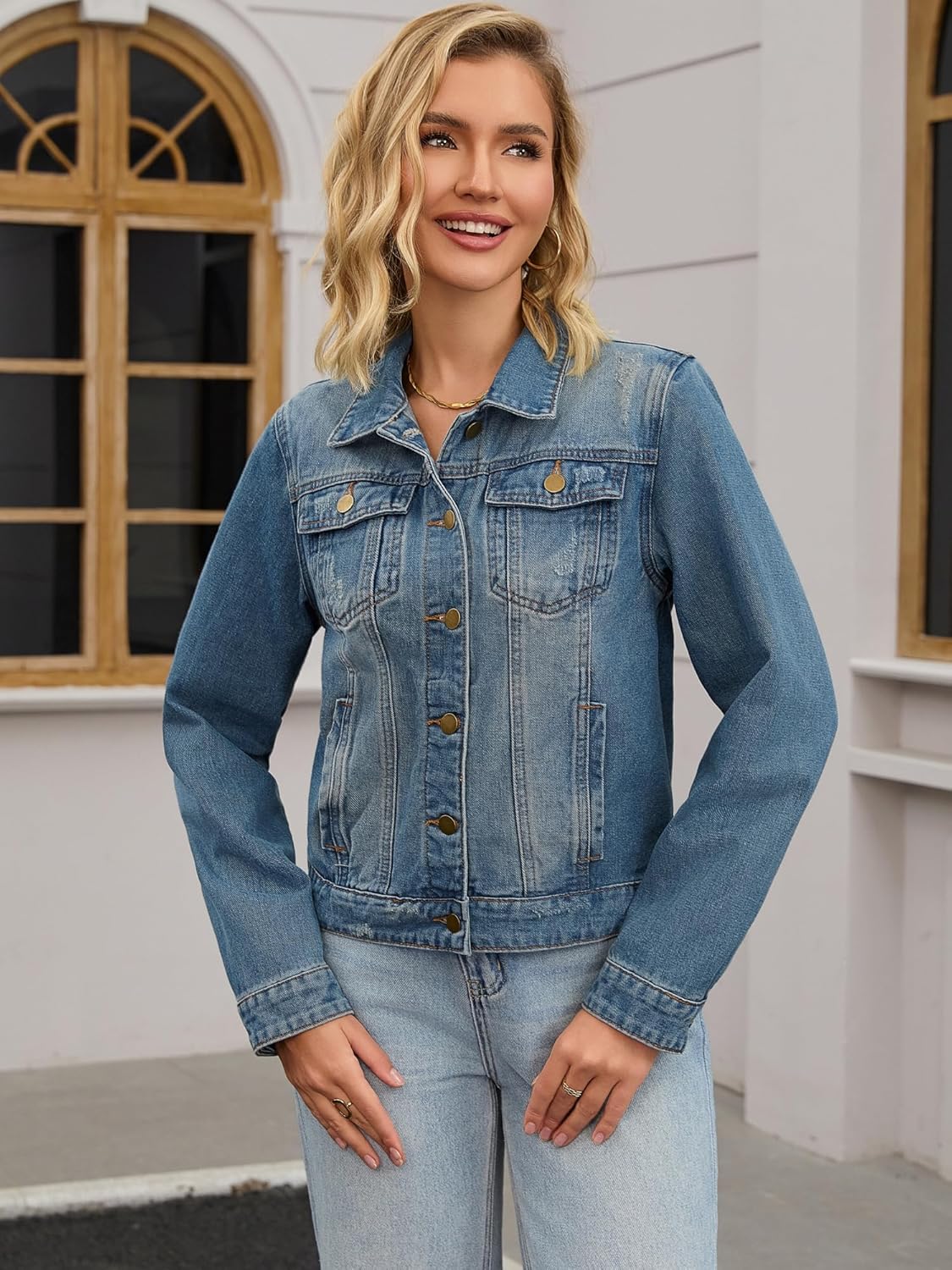 CIMUK Women’s Washed Denim Jacket Vintage Casual Long Sleeve Distressed Jean Jackets for Fall