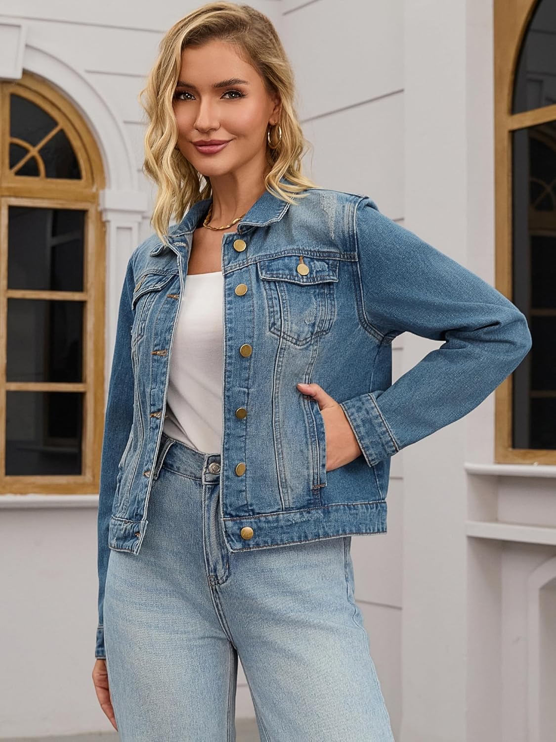 CIMUK Women’s Washed Denim Jacket Vintage Casual Long Sleeve Distressed Jean Jackets for Fall