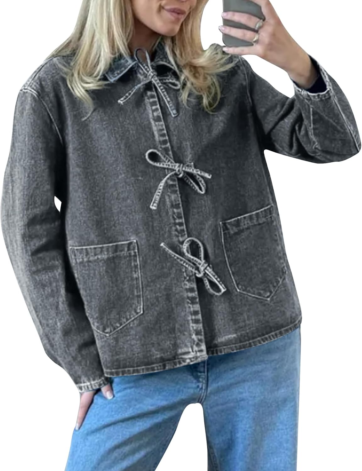 COZYPOIN Women’s Tie Front Bow Denim Jacket Cropped Jean Shirts Lightweight Long Sleeve Spring Fall Y2K Top with Pockets