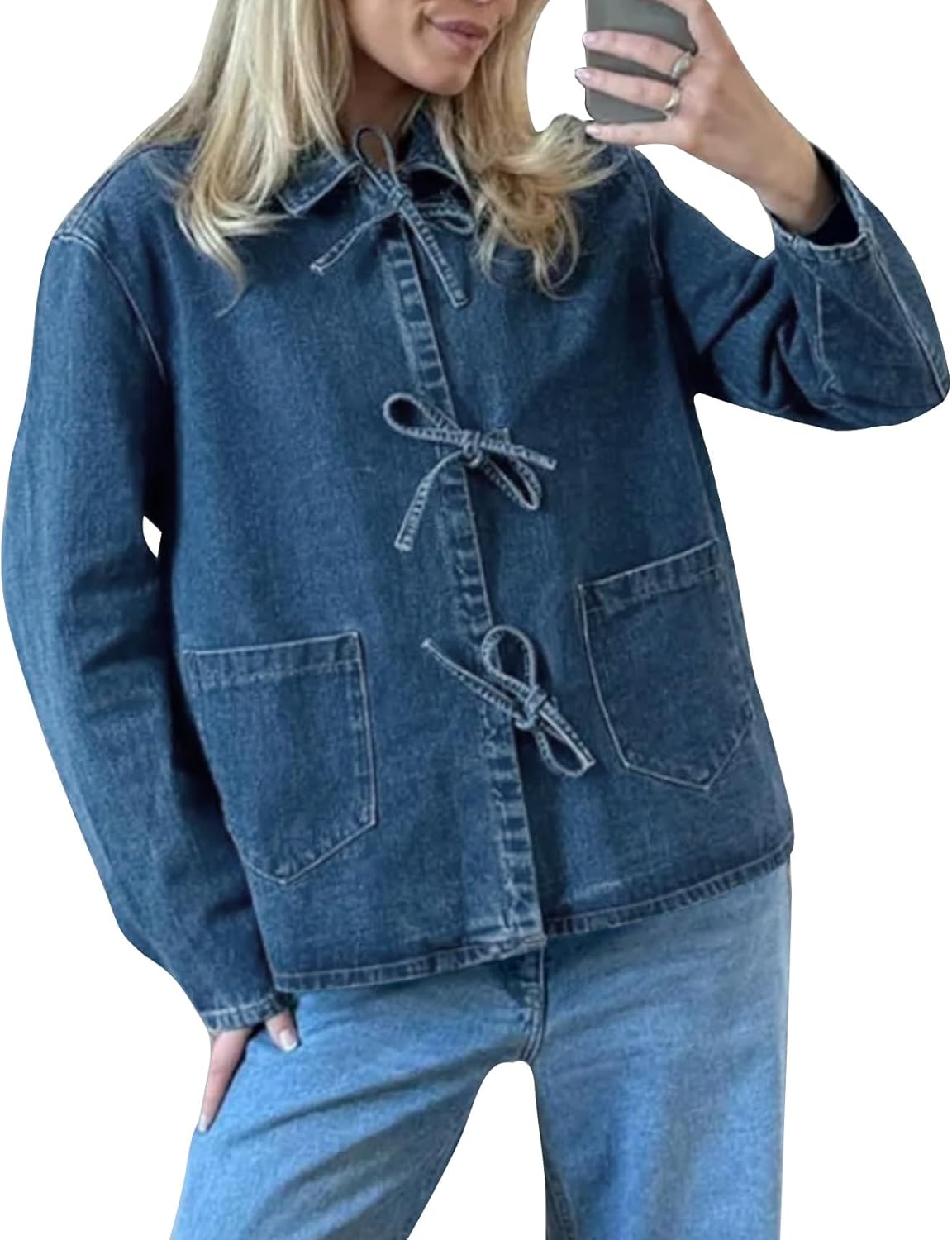 COZYPOIN Women’s Tie Front Bow Denim Jacket Cropped Jean Shirts Lightweight Long Sleeve Spring Fall Y2K Top with Pockets