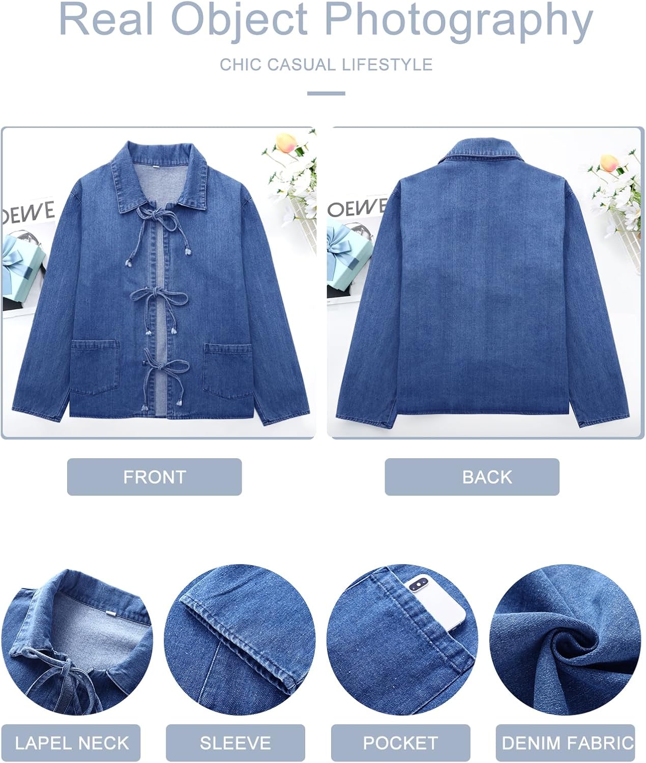 COZYPOIN Women’s Tie Front Bow Denim Jacket Cropped Jean Shirts Lightweight Long Sleeve Spring Fall Y2K Top with Pockets