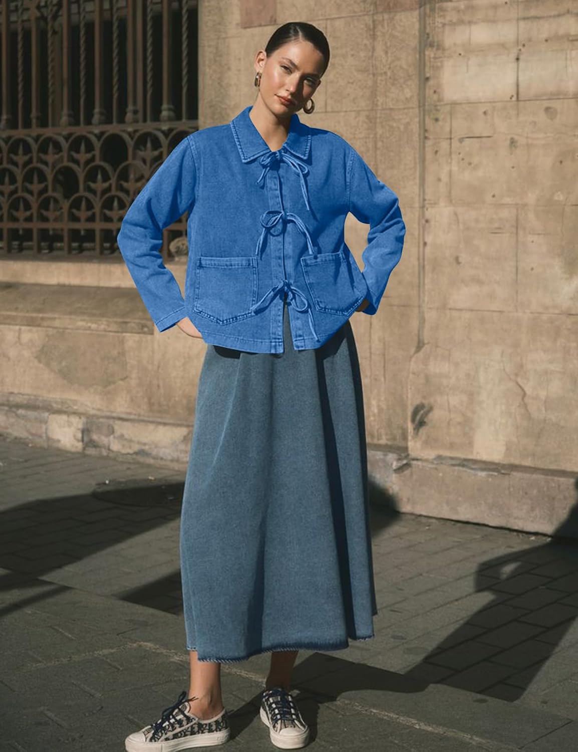 COZYPOIN Women’s Tie Front Bow Denim Jacket Cropped Jean Shirts Lightweight Long Sleeve Spring Fall Y2K Top with Pockets