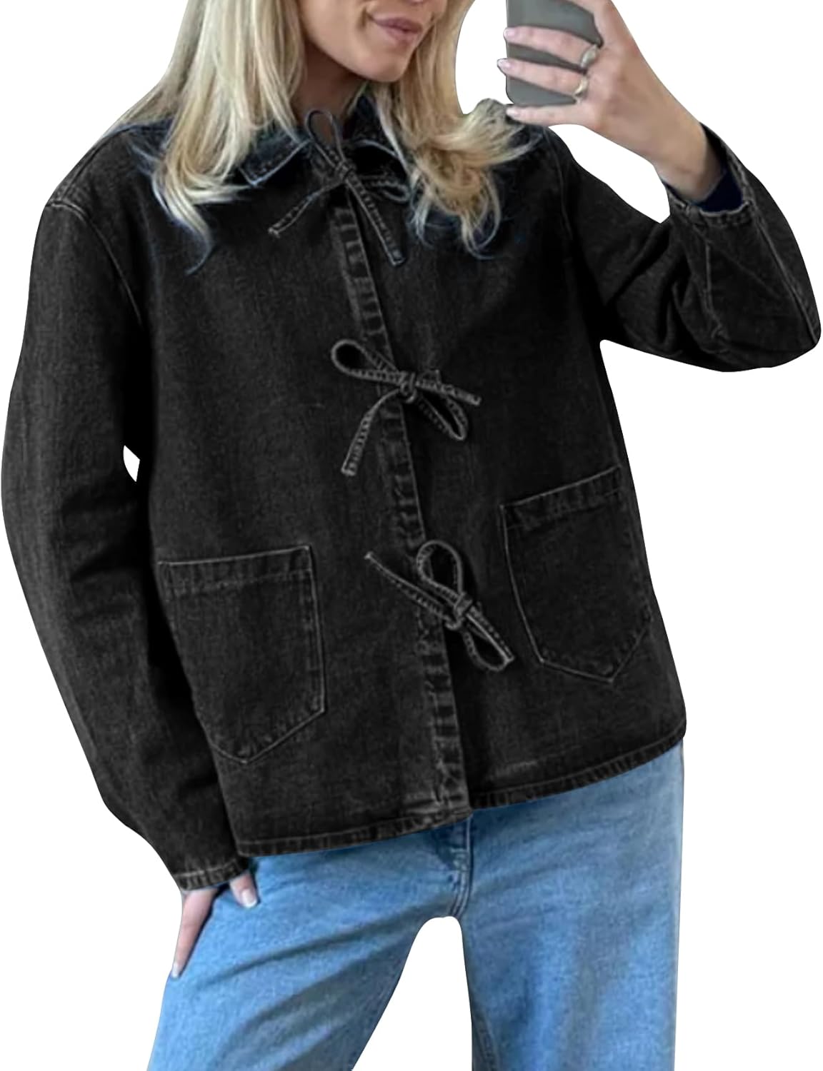 COZYPOIN Women’s Tie Front Bow Denim Jacket Cropped Jean Shirts Lightweight Long Sleeve Spring Fall Y2K Top with Pockets