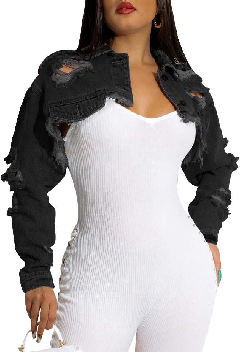 Cropped Denim Jackets for Women Long Sleeve Ripped Destroyed Wash Crop Top Jean Jackets