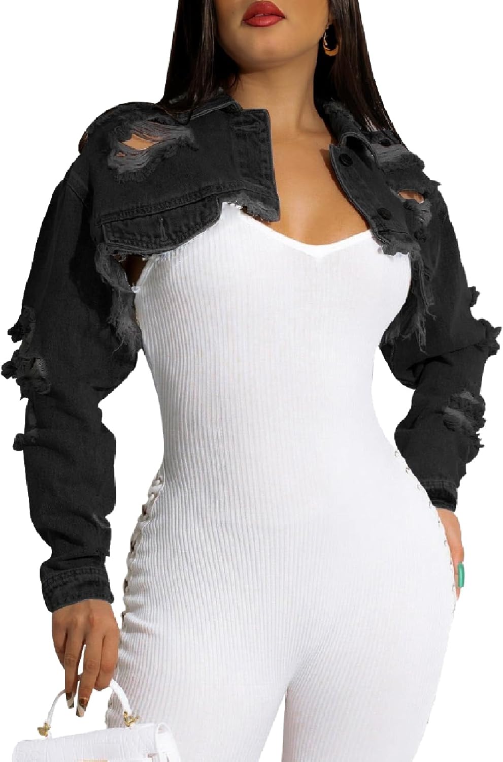 CutieLove Women’s Cropped Denim Jackets Long Sleeve Destroyed Crop Top Casual Jean Coat