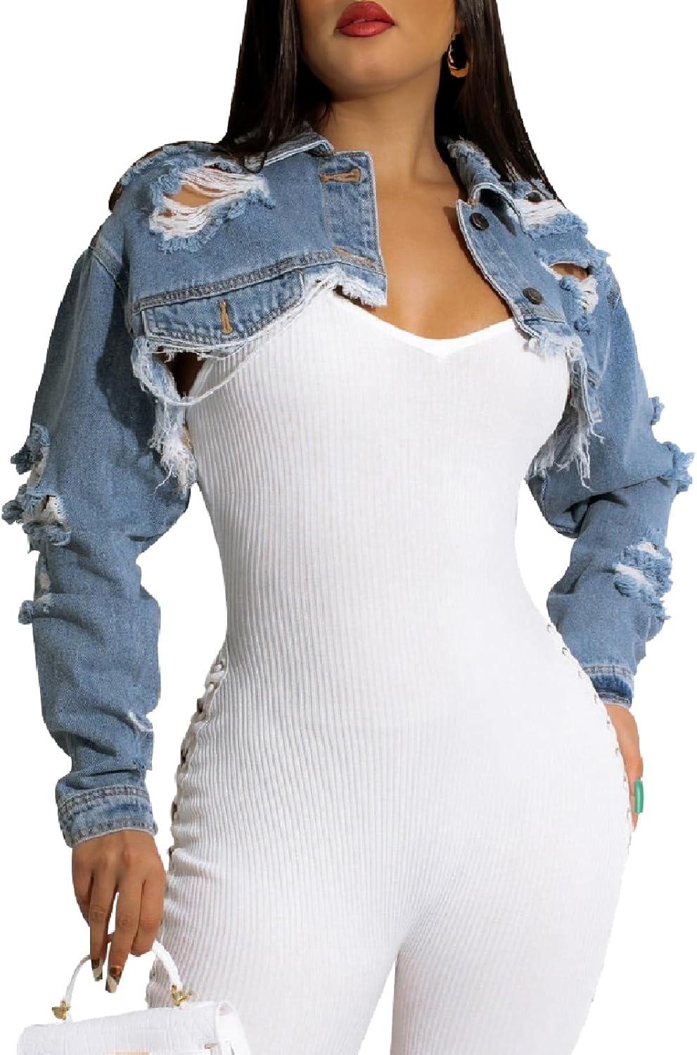 CutieLove Women’s Cropped Denim Jackets Long Sleeve Destroyed Crop Top Casual Jean Coat