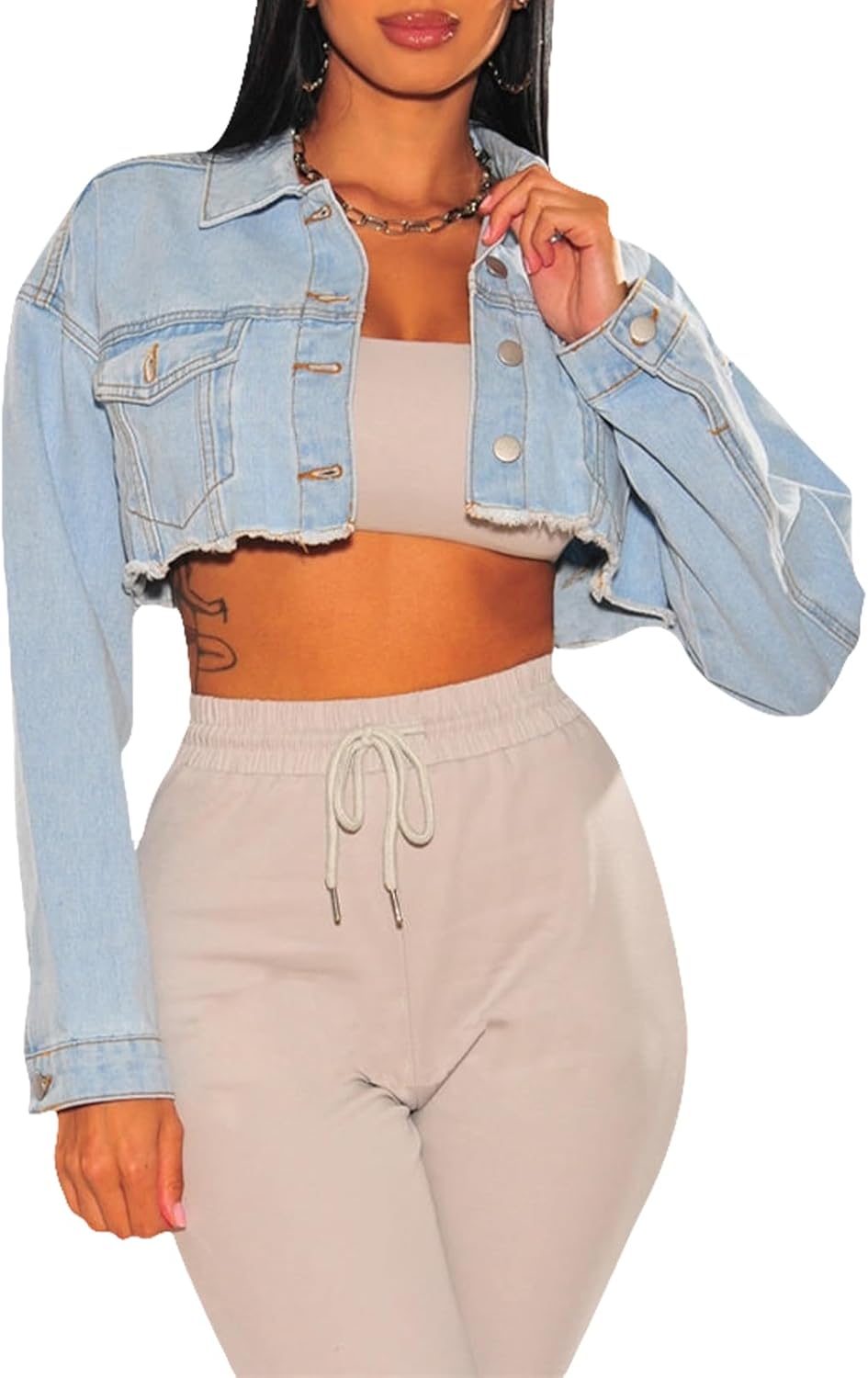 CutieLove Women’s Cropped Denim Jackets Long Sleeve Destroyed Crop Top Casual Jean Coat