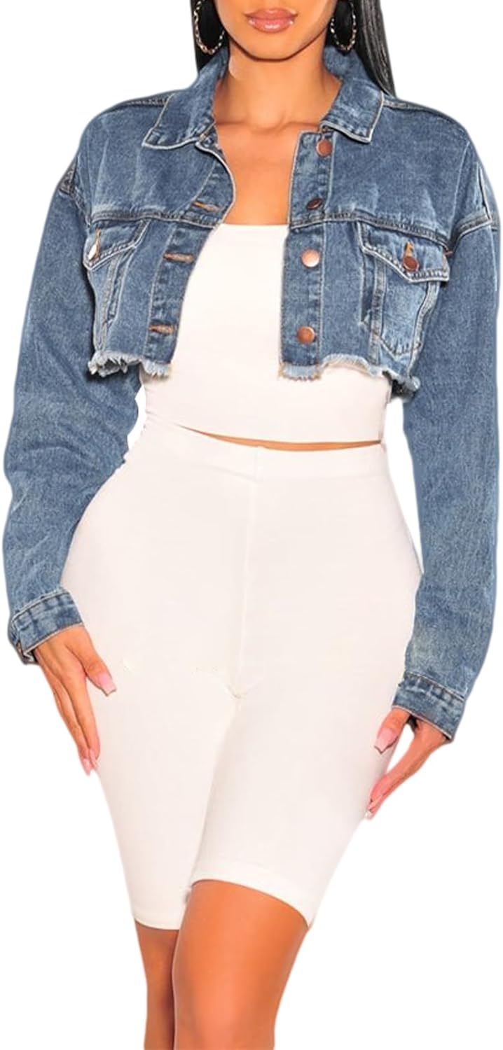 CutieLove Women’s Cropped Denim Jackets Long Sleeve Destroyed Crop Top Casual Jean Coat